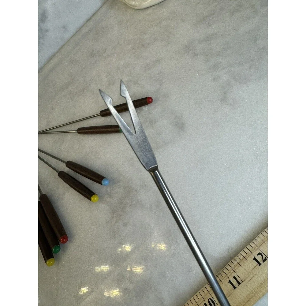 Vintage Fondue Fork Set (8) Color Coded Stainless Steel Wood Handle 10.5 In